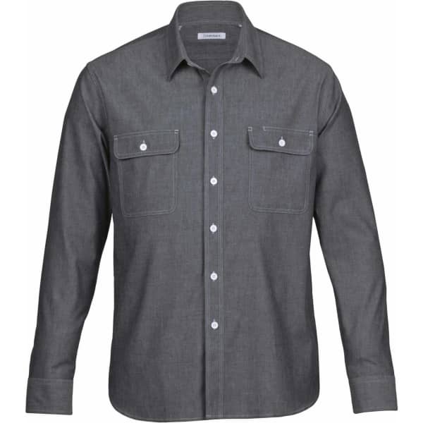 A grey button-up men's chambray shirt with two chest pockets and a logo on the label.