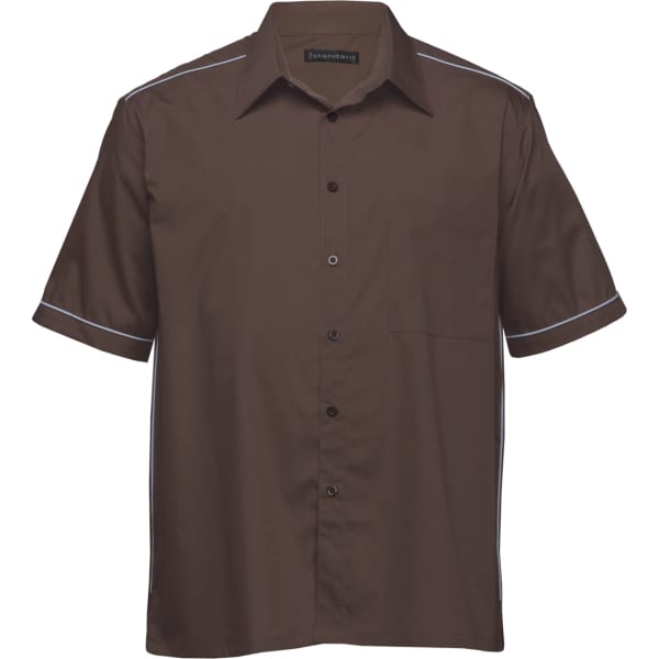 A brown button-up shirt featuring short sleeves and contrasting white detailing on the sides. It has a logo on the label.