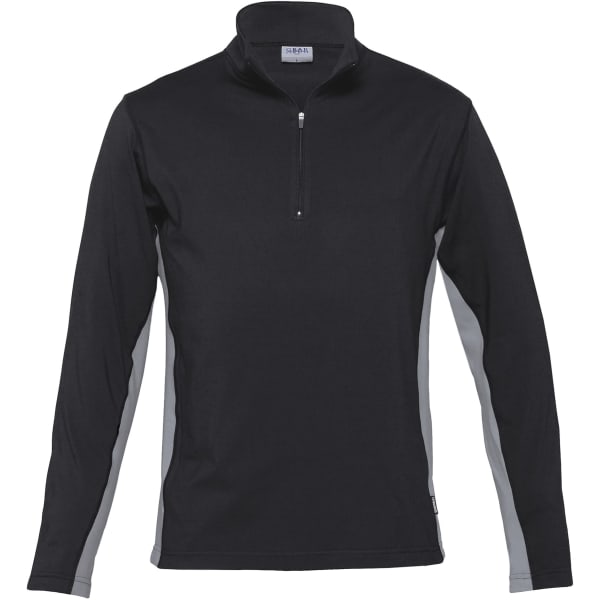 A black long-sleeve top with a zip collar and grey side panels, featuring a logo on the garment.