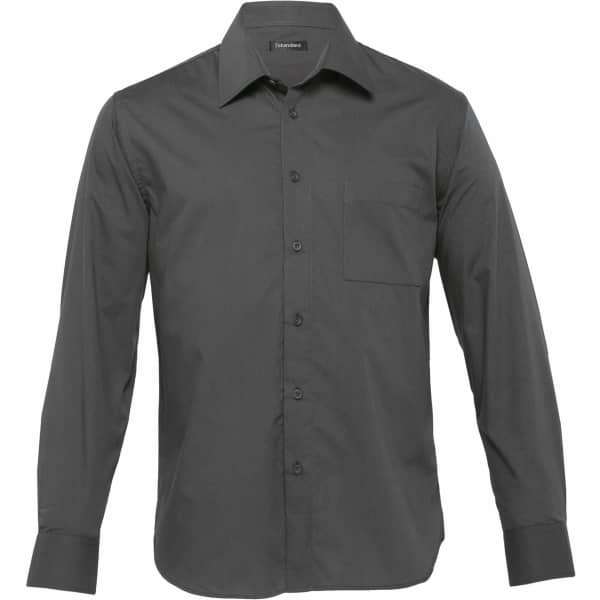 A long sleeve button-up shirt in dark grey with a single chest pocket and a collar. It features a logo.
