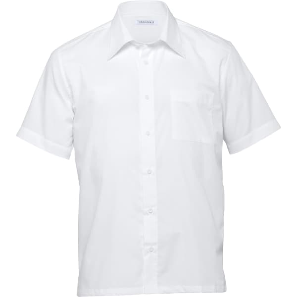 A short sleeve white button-up shirt for men, featuring a pocket and a logo on the collar.