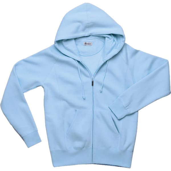 A light blue zip-through hoodie featuring a drawstring hood and front pockets, with a logo on the label.
