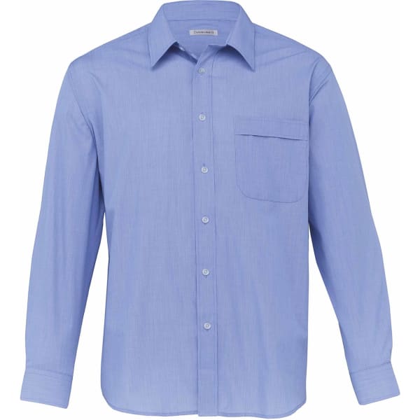 A light blue men's shirt with a button-up front, long sleeves, and a single chest pocket. Features a logo.