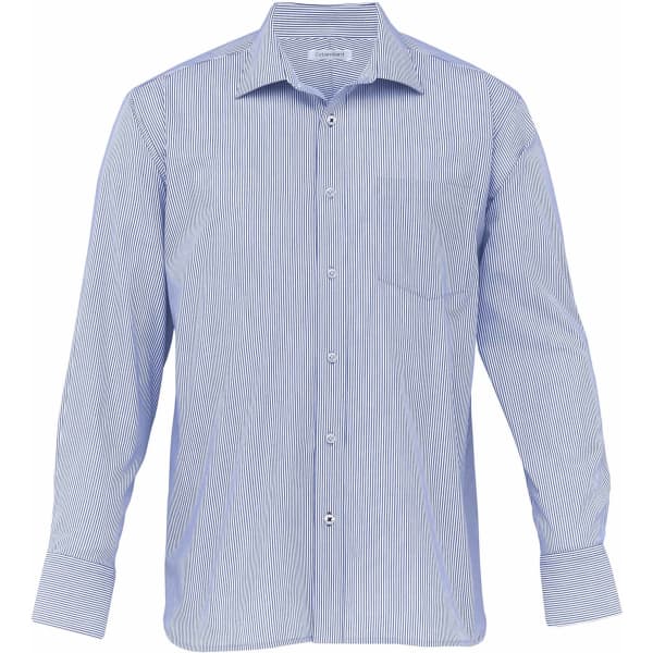 A blue and white striped button-up shirt with a pocket and a branded tag.