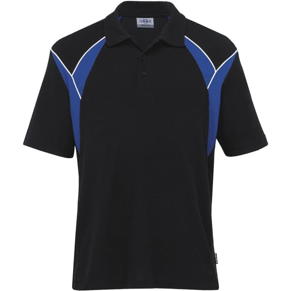 A black polo shirt with blue and white accents, featuring a logo on the chest.
