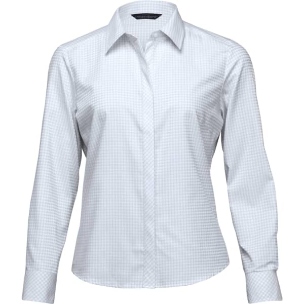 A women's button-up shirt in a light grey check pattern with a collar and long sleeves. The shirt features a logo.