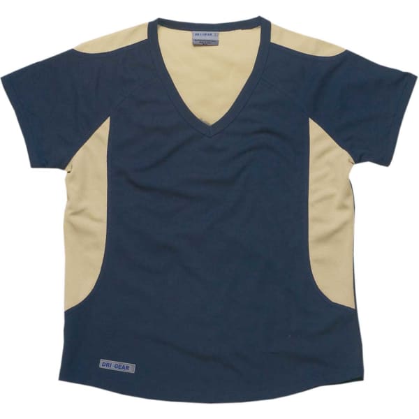 A navy and beige women's adventure tee featuring a V-neck and short sleeves. Includes a logo. 