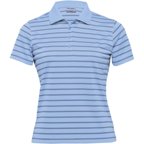Light blue women's polo shirt with vertical stripes and a collar, featuring a logo.