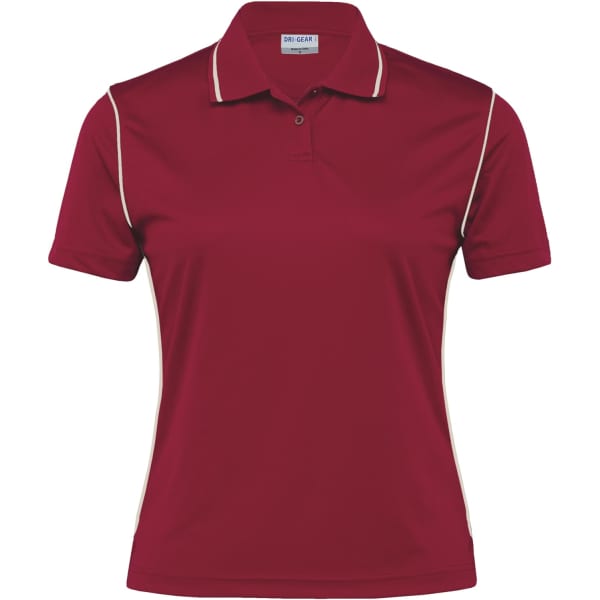 A maroon women's polo shirt with contrast piping and a collar, featuring a small logo.