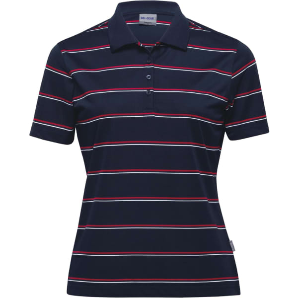 A navy blue women's polo shirt with horizontal stripes in red and white. It features a branding logo on the side.