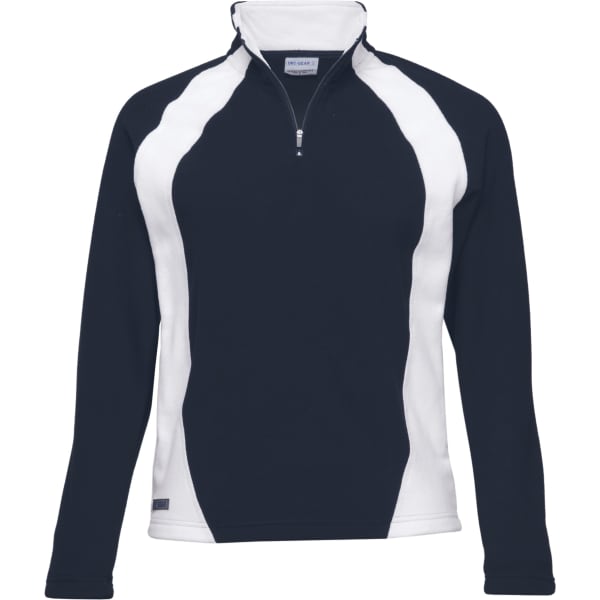 A navy and white women's microfleece jumper with a quarter zip and a logo on the side.