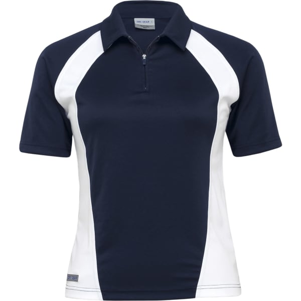 A navy and white women's polo shirt featuring a zip and a logo. Suitable for active wear.
