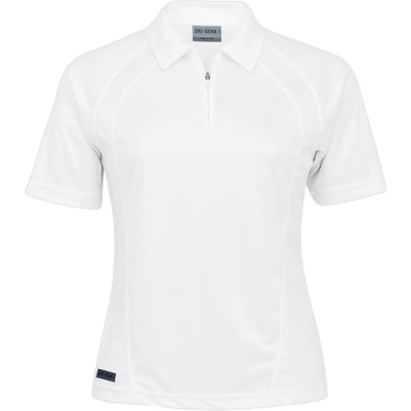 A white women's polo shirt with a zip neckline, featuring short sleeves and a logo on the side.