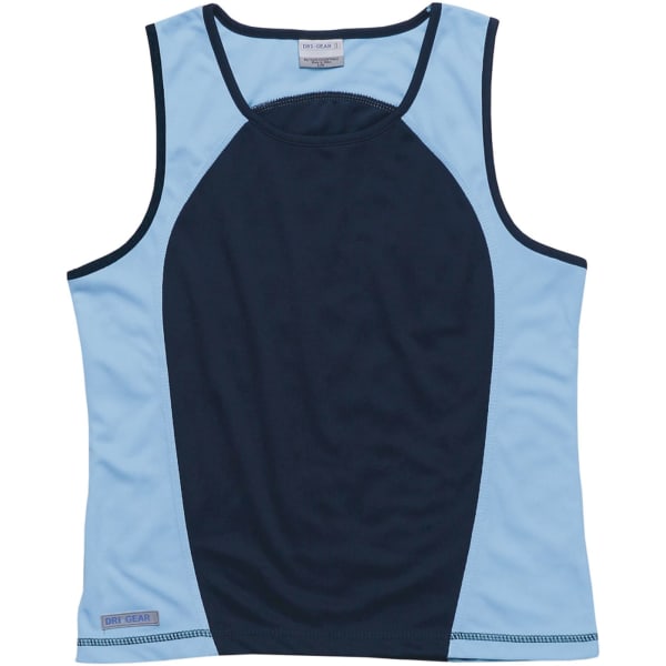 A women's active singlet in light blue and navy, featuring a contrasting design and a logo.