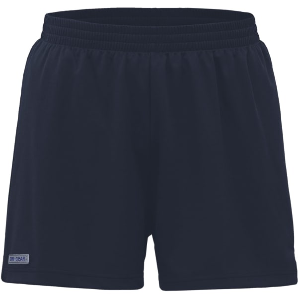 A pair of navy women's sports shorts with an elastic waistband and a small logo on the front.