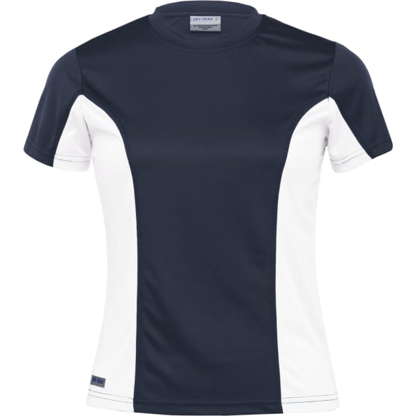 A women's active T-shirt in navy and white, featuring a logo on the front.