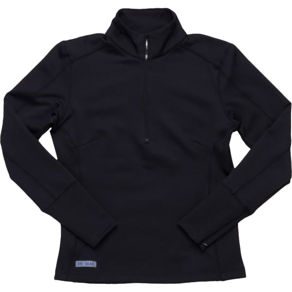 A black women's pullover featuring a quarter zip and long sleeves, with a logo on the hem.