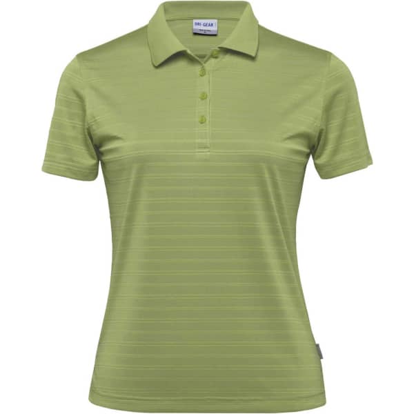 A green women's polo shirt with a subtle striped pattern and a collar, featuring a logo.