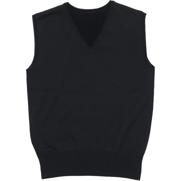 A black Merino wool vest with a v-neck and sleeveless design, featuring a fitted bottom. It has a logo.