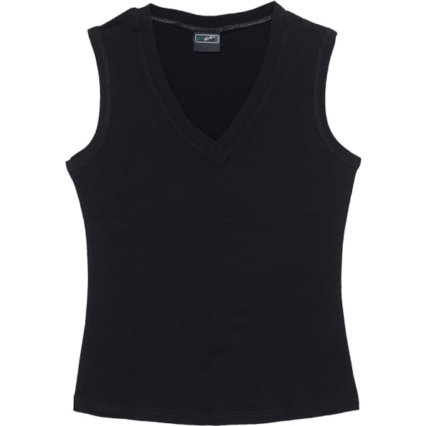 A black women's merino vest with a V-neck design, featuring no sleeves and a fitted silhouette.