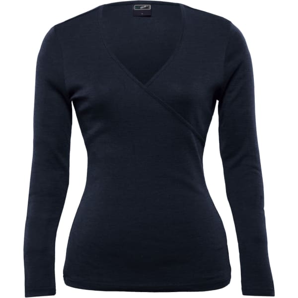 A women's Merino crossover top in a deep navy blue, featuring long sleeves and a V-neck design. It has a logo.