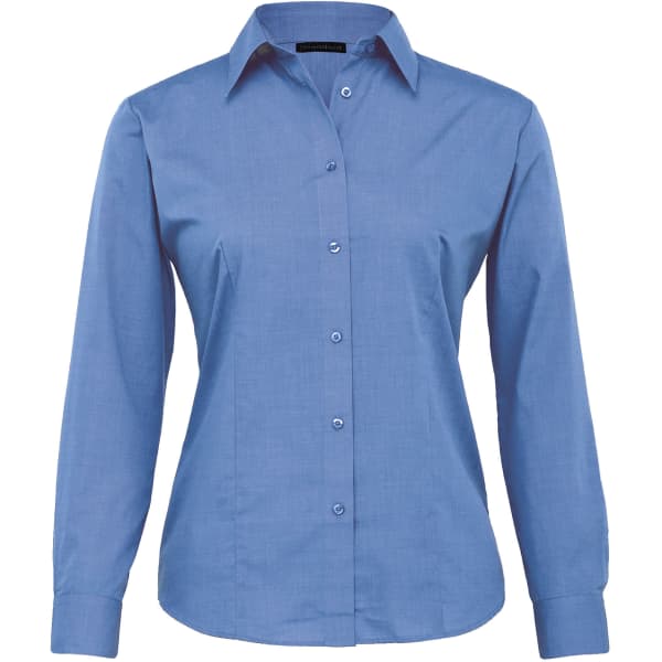 A women's button-up shirt in a light blue colour with a classic collar and long sleeves. It features a subtle branding logo.