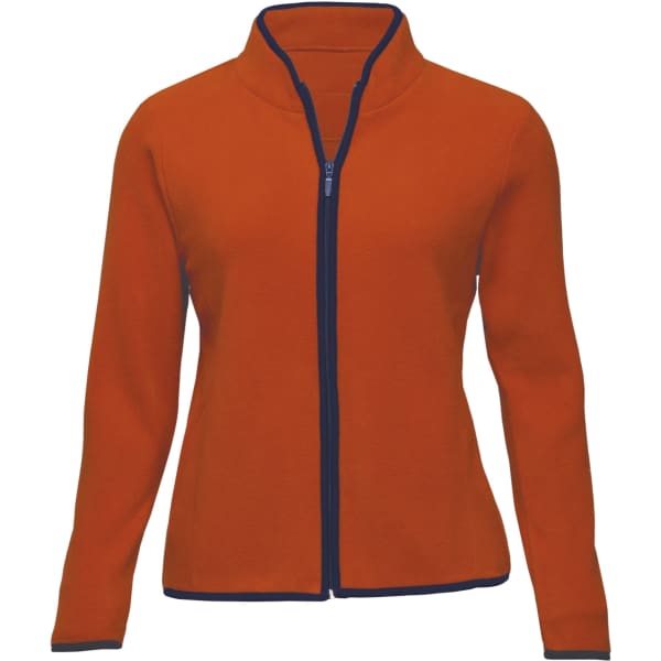 An orange women's polar fleece jacket with a zippered front and a navy trim. It has a high collar and long sleeves.