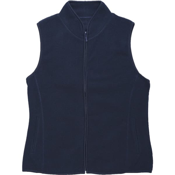 A navy blue women's vest featuring a zip front and a high collar. It has side pockets and a logo on the garment.