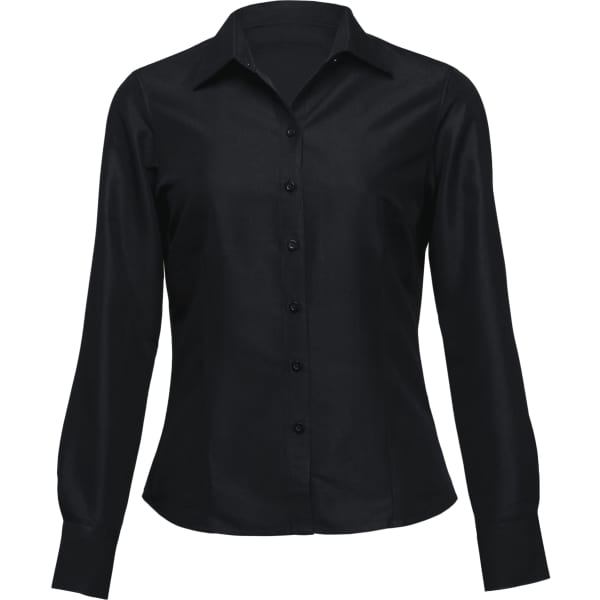 A black long sleeve button-up shirt for women, featuring a classic collar and a sleek design.