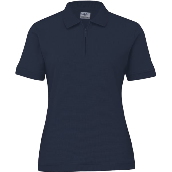 A women's polo shirt in navy blue with a zippered front and short sleeves, featuring a logo on the chest.