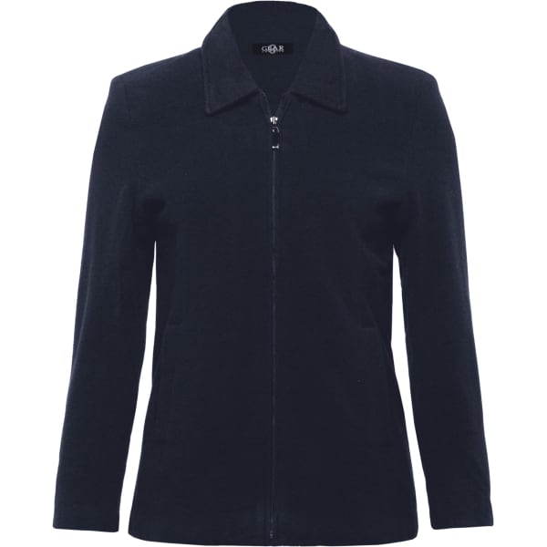 A women's jacket in navy Melton wool with a zip front and a collar, featuring side pockets and a logo.