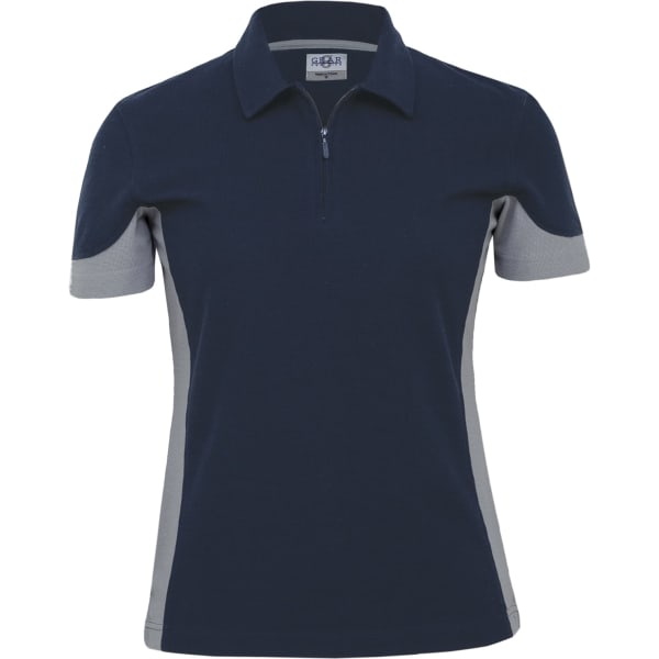 A women's polo shirt in navy blue with grey accents and a zip neckline. Features a logo on the chest area.