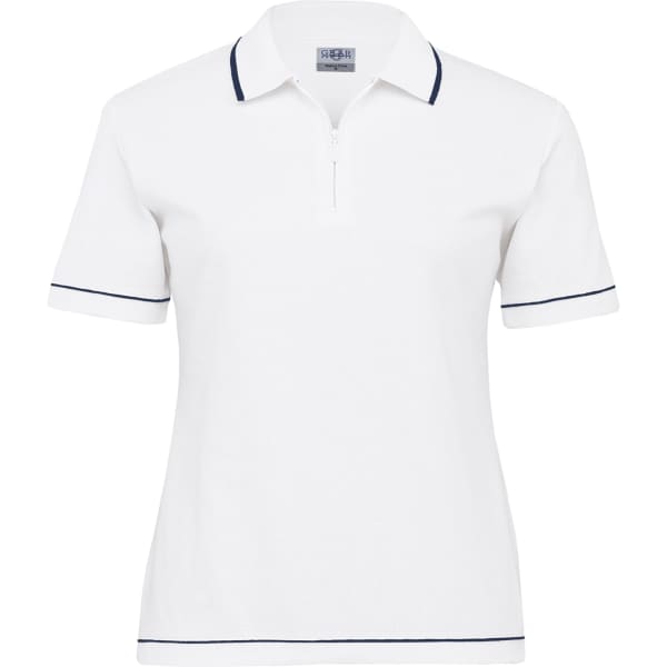 A white women's polo shirt with short sleeves and navy trim, featuring a collar and a zippered neckline.
