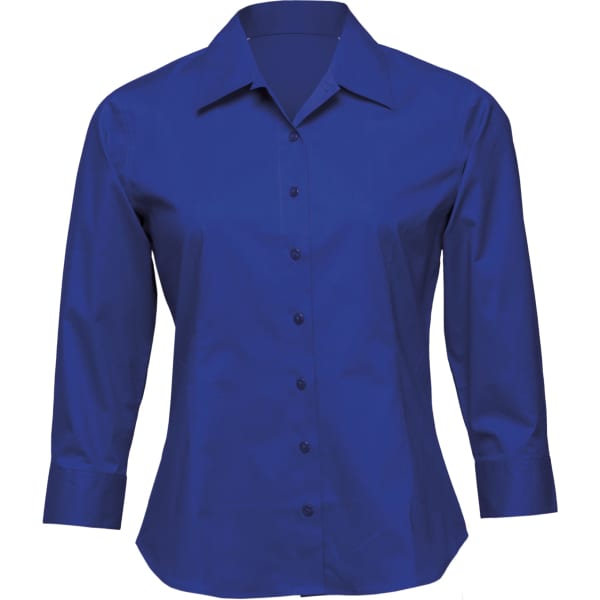 A blue women's stretch fitted blouse with a button-up front and long sleeves. It features a collar and has a logo.