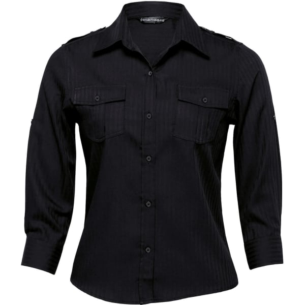A black button-up shirt for women featuring two chest pockets and shoulder detailing. It has a structured fit and long sleeves.