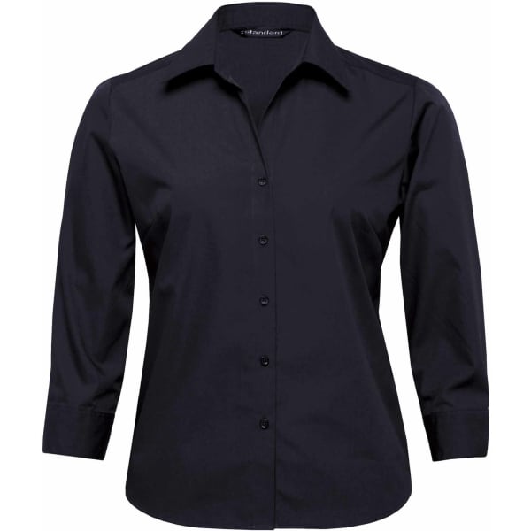 A black women's button-up shirt with a collar and long sleeves, featuring a logo on the left side.