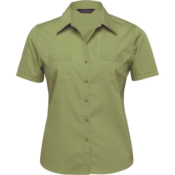 A green short-sleeved women's button-up shirt with two chest pockets and a collar, featuring a logo.