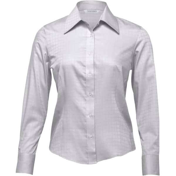 A women's button-up shirt in light grey with a subtle grid pattern, featuring long sleeves and a collar.