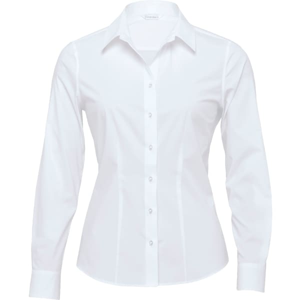 A white button-up shirt for women with long sleeves and a fitted design, featuring a logo on the collar.