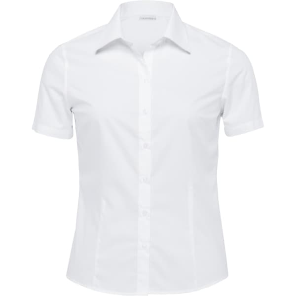 A white short sleeve button-up shirt for women, featuring a fitted design and a subtle logo.
