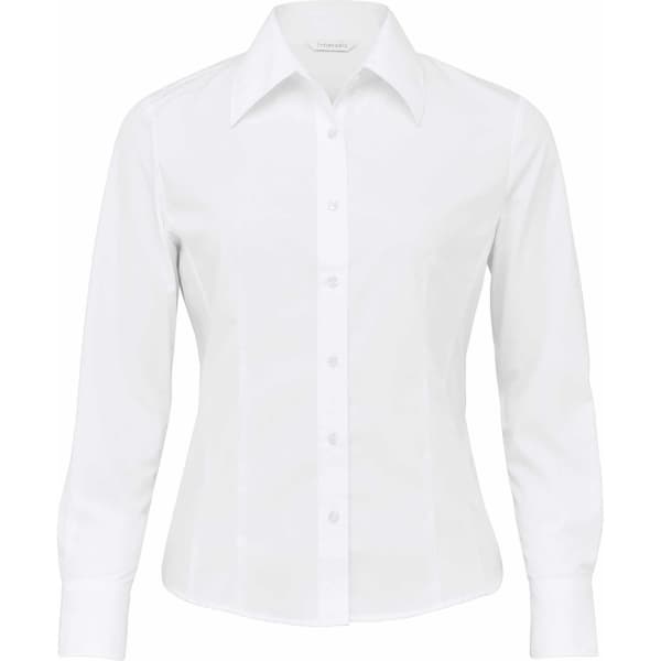 A white button-up shirt for women with long sleeves and a fitted silhouette, featuring a collar and branding.