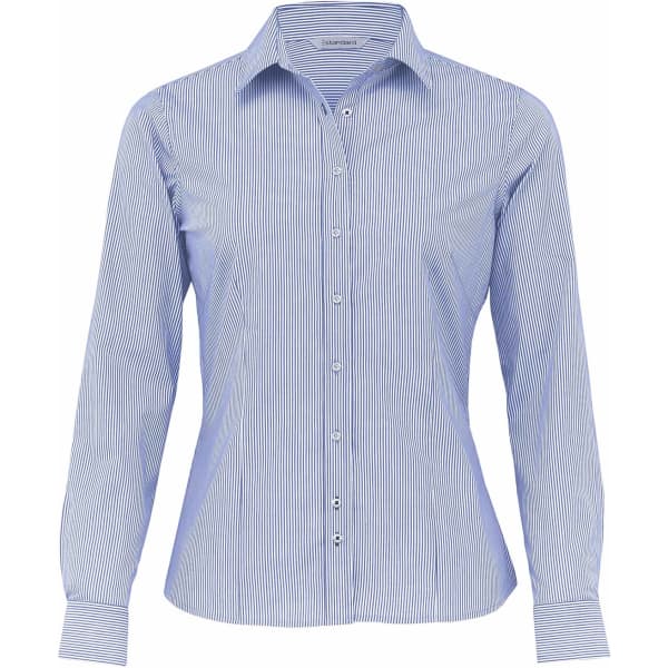 A button-up shirt in blue and white stripes with a collared neckline and long sleeves. It features a logo detail.