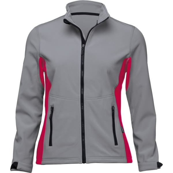 A soft shell jacket for women in grey with bright pink side panels and a zip front. Features zippered pockets and a logo.
