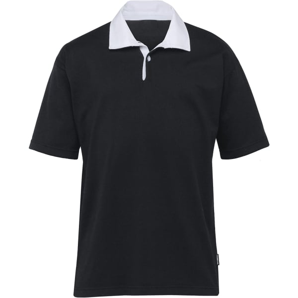 A black rugby jersey with a white collar and short sleeves, featuring a logo on the front.