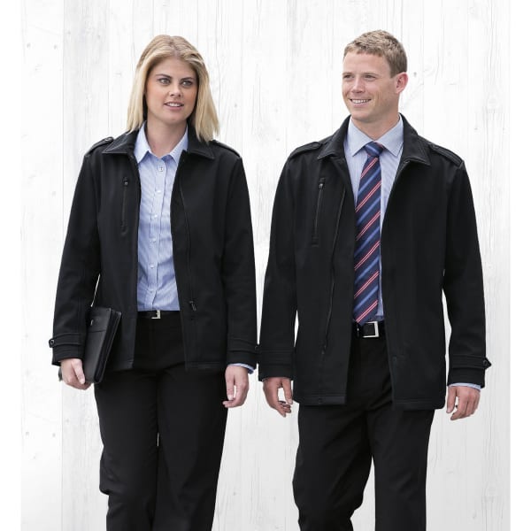 A black soft shell jacket designed for men, displayed on a male and female model against a light background.