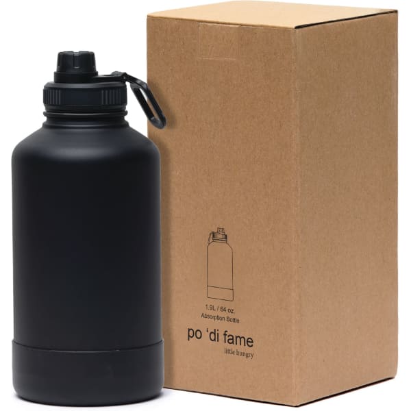 A drink bottle in black with a screw-on cap, beside a plain cardboard box featuring a logo.