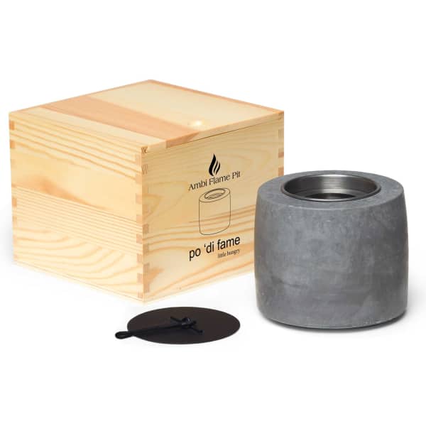 A grey flame pit with a wooden storage box, featuring a round design and a black lid.