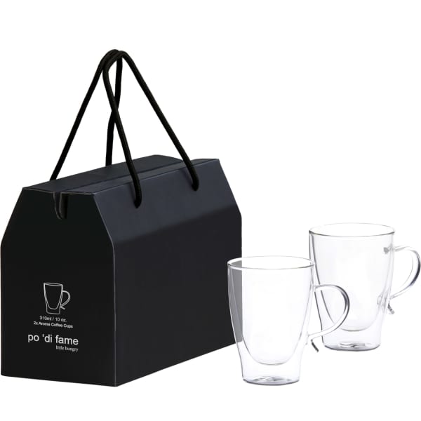 A set of two clear glass coffee cups in a black gift box with a handle.