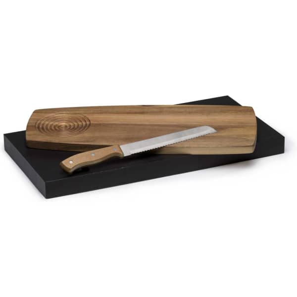 An artisan cheese board set featuring a wooden board with a circular design and a stainless steel knife on a black base.