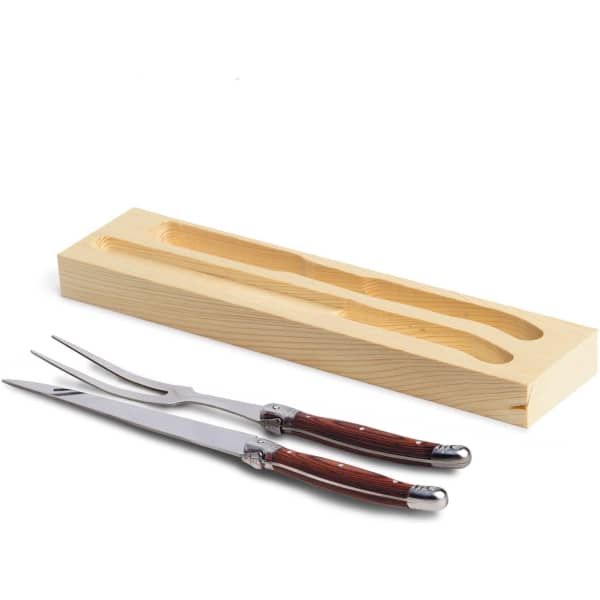A Bordeaux carving set with two stainless steel utensils featuring wooden handles, presented in a wooden storage box.